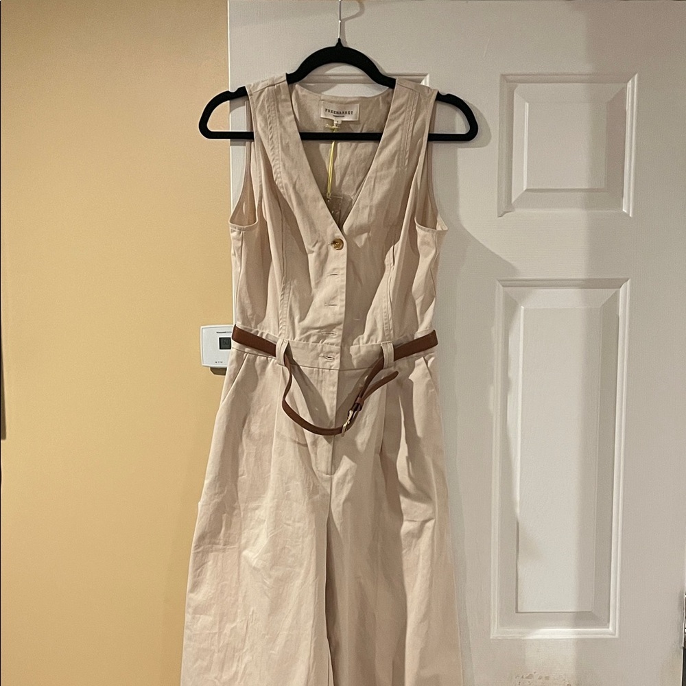 Elegant Cream Jumpsuit with Brown Belt